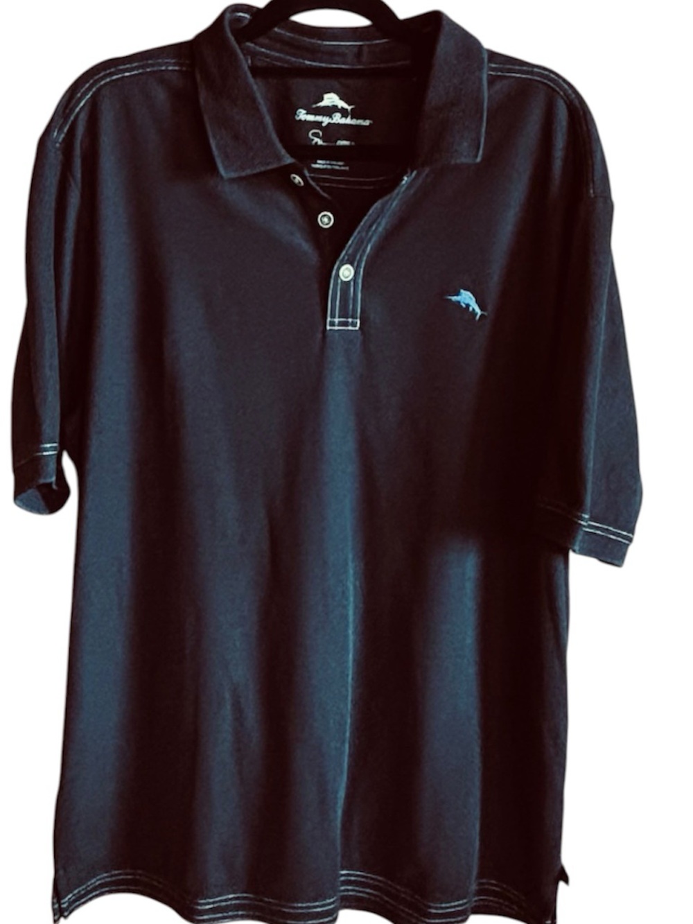 Men's XL Tommy Bahama black short sleeve black polo with distinctive stitching.